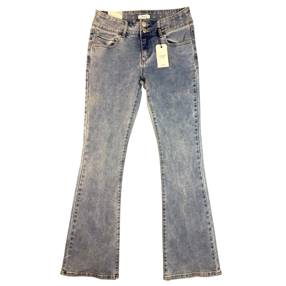 Forever 21 Womens‎ Low Rise Flare Jeans Studded Acid Wash Blue Denim Size 28 NWT